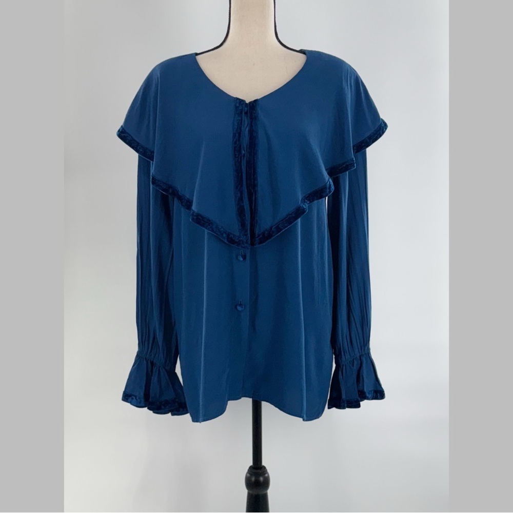 Hairston Roberson Ropa Blue Rayon Blouse Velvet Trim Ruffle Sleeve Women’s Large - Picture 2 of 10